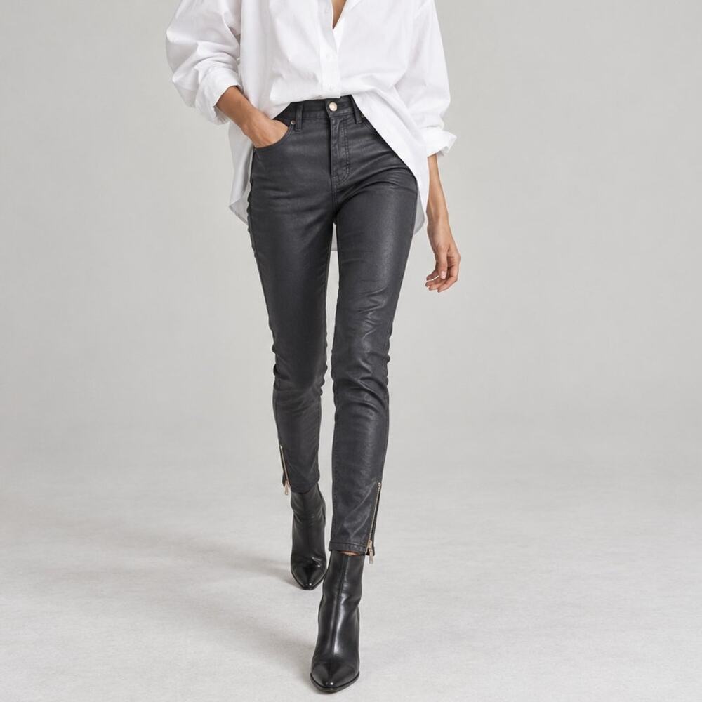 L’Agence Faux Leather Mid-Rise Skinny Leg Jeans 24 Navy Denim Zipper Ankle